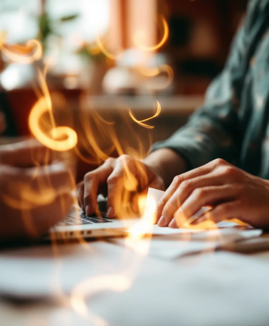 Hands reconciling receipts beside a laptop in warm light