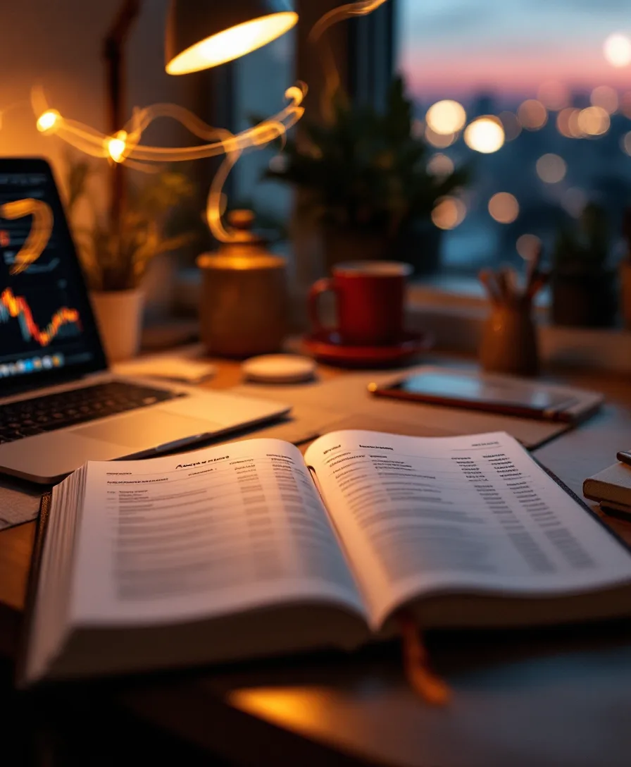 An open ledger and laptop with reconciled accounts under warm desk light