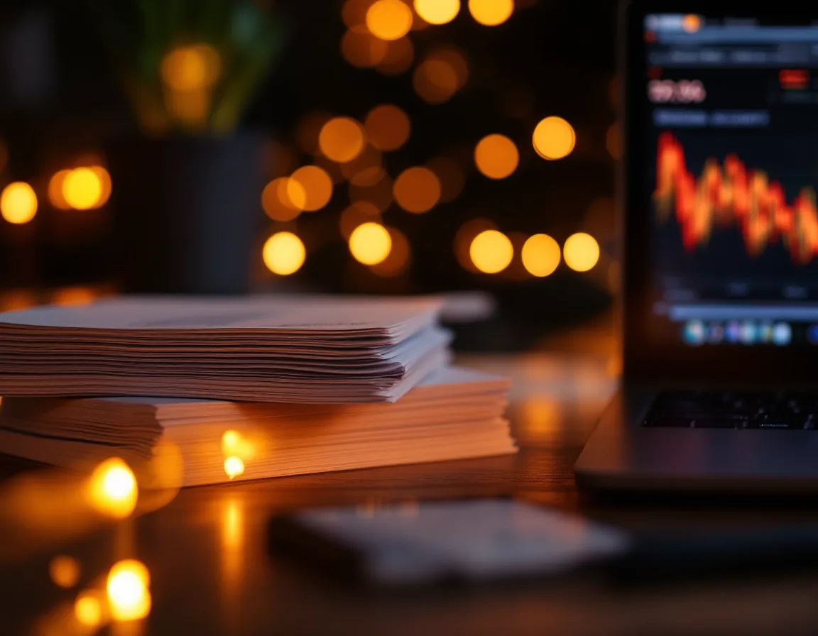 A tidy stack of ledgers beside a laptop